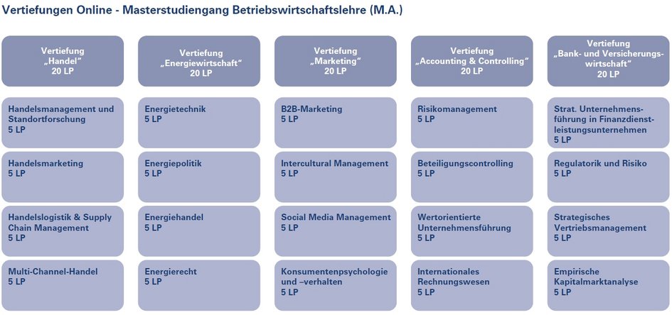 Tabellarische Übersicht der Vertiefungen des Online-Masterstudiengangs BWL