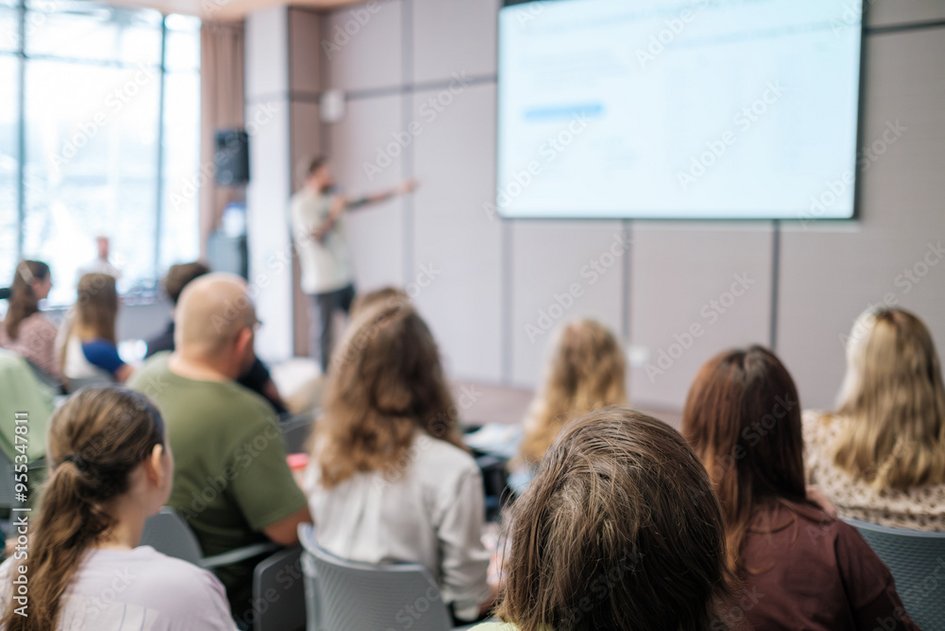 Studierende sitzen in einem Saal und schauen auf einen großen Monitor